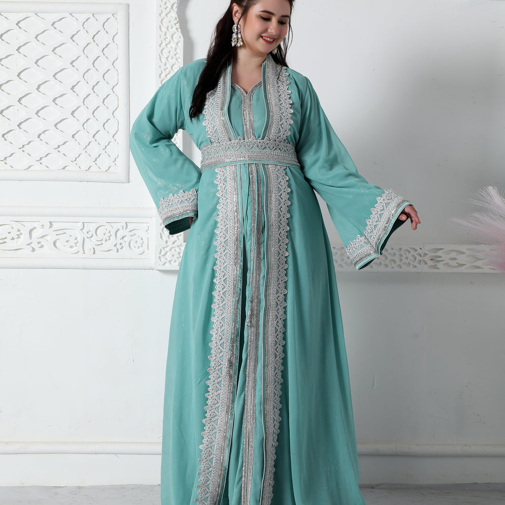 
                  
                    Moroccan Lace Jalabiya In Silver Embossed Foil Print
                  
                