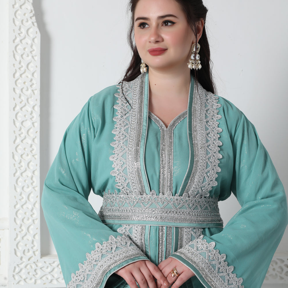 
                  
                    Moroccan Lace Jalabiya In Silver Embossed Foil Print
                  
                