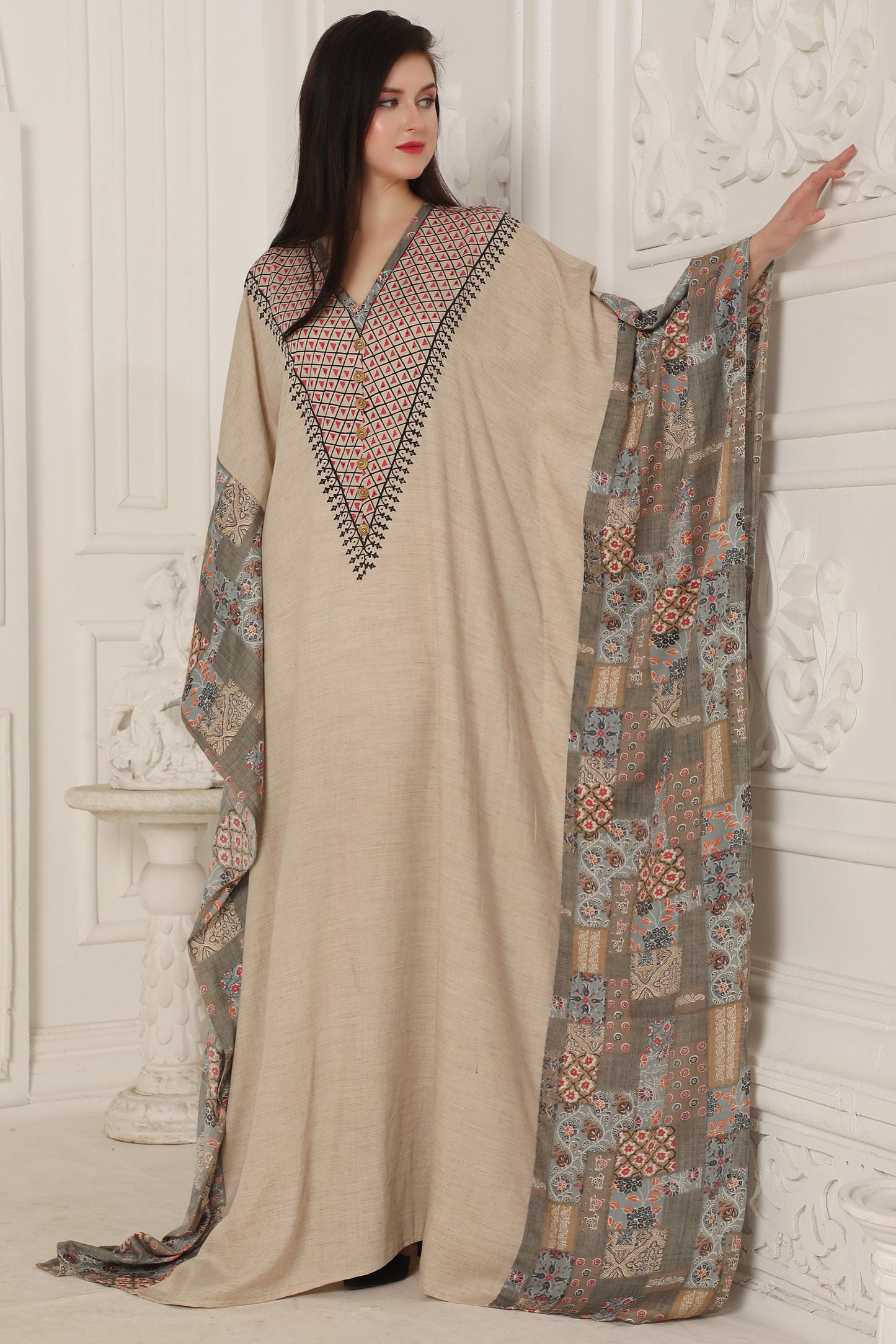 Embroidered neckline Dubai Kaftan Farasha Long Maxi with Digital Print