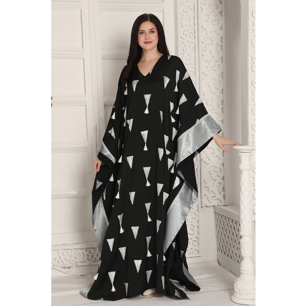 
                  
                    Flowy Kaftan Dress with Tassels & Silver print
                  
                