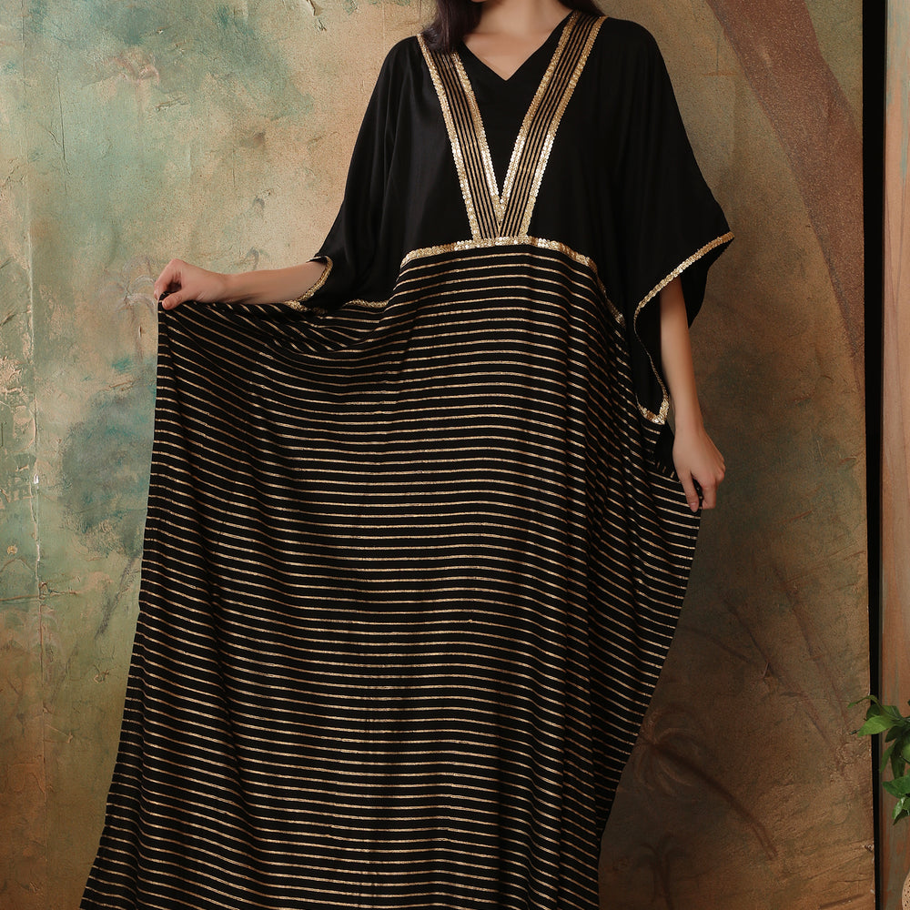 
                  
                    Black Boho Kaftan Dress with Block Print in Gold
                  
                