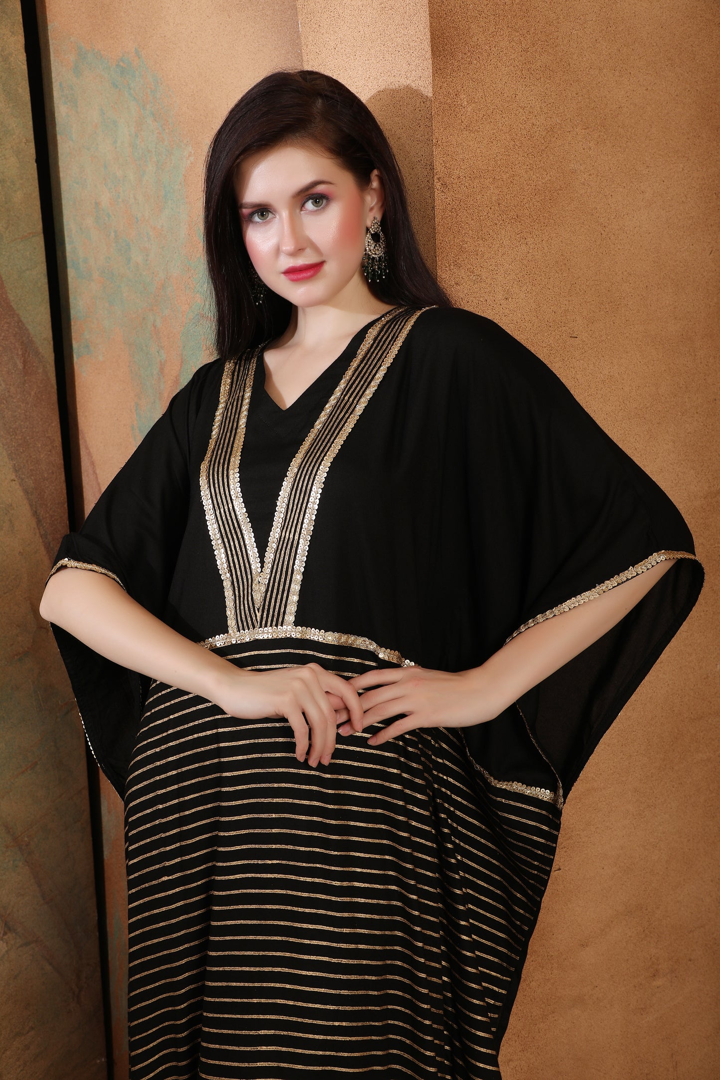 Black Boho Kaftan Dress with Block Print in Gold