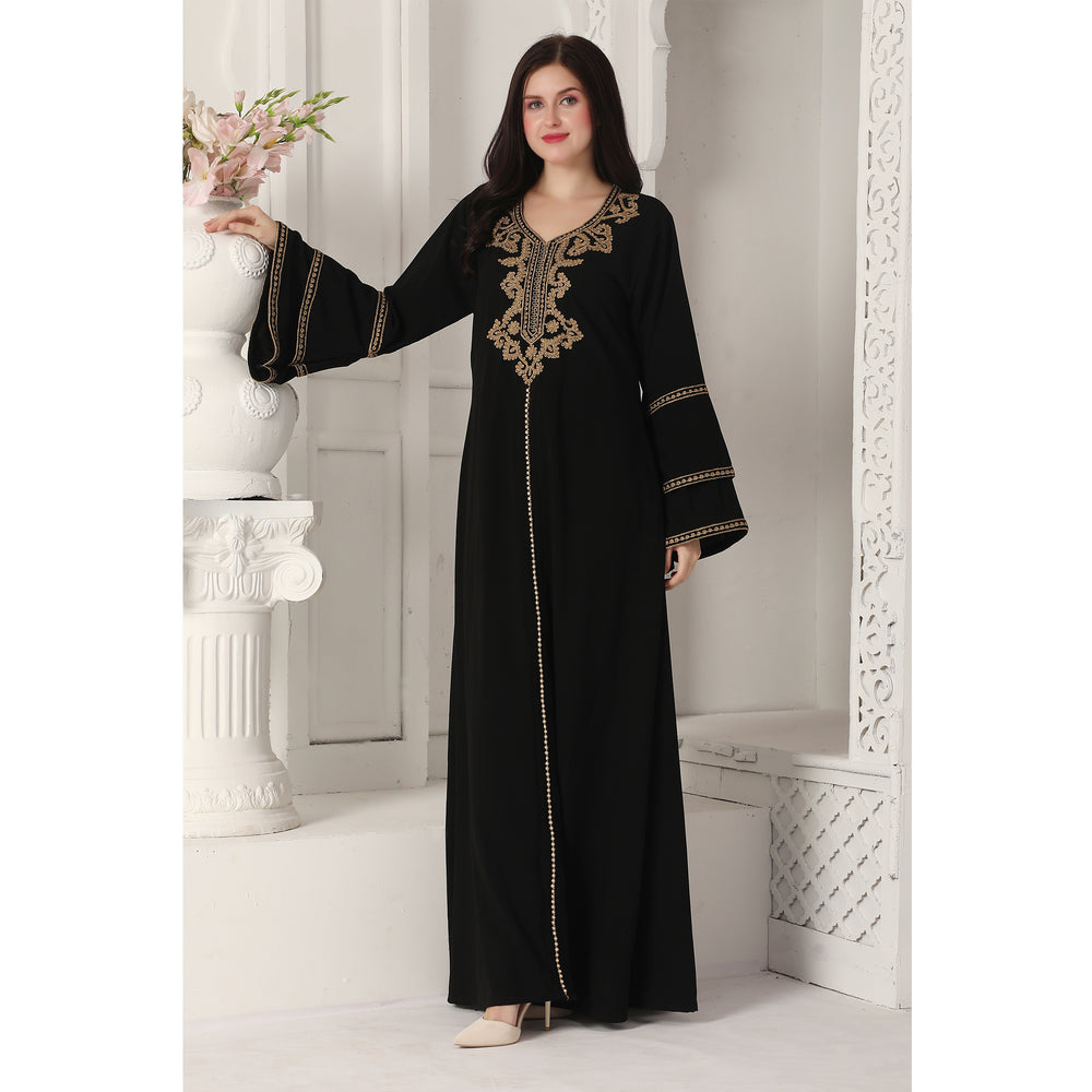 Black Jalabiya Kaftan with Gold Embroidery Double Flaired Sleeve