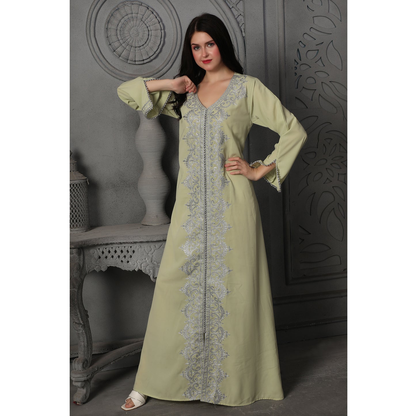 Intricate Silver Embroidery Dubai Kaftan Arabic Dress