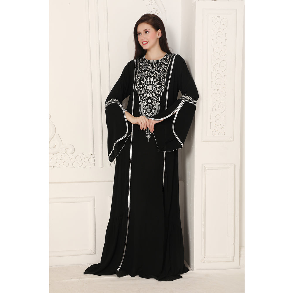 
                  
                    Black Designer Gown with White Floral Embroidery Big Flair Sleeves
                  
                