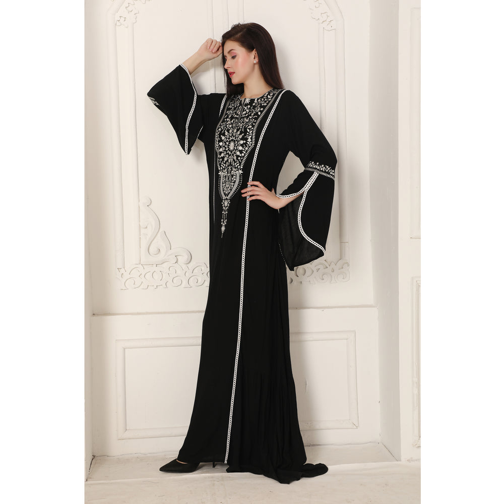 
                  
                    Black Designer Gown with White Floral Embroidery Big Flair Sleeves
                  
                