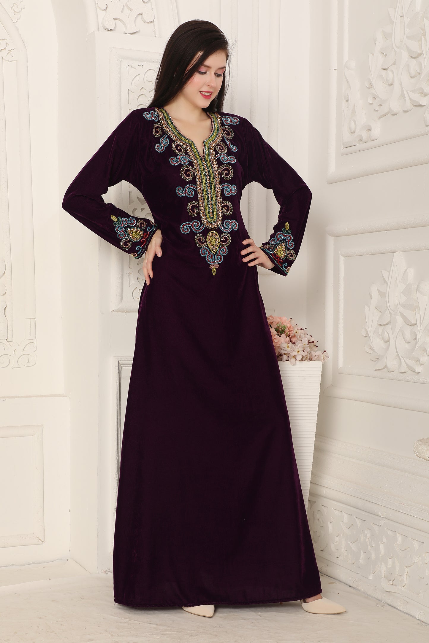 Velvet A-Line Kaftan With Colorful Crystals Hand Embroidery