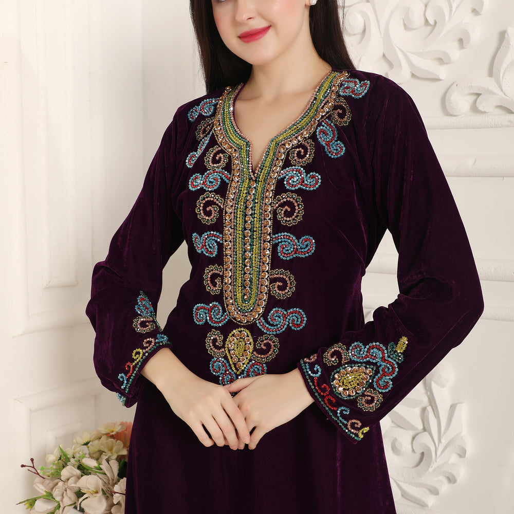 
                  
                    Velvet A-Line Kaftan With Colorful Crystals Hand Embroidery
                  
                