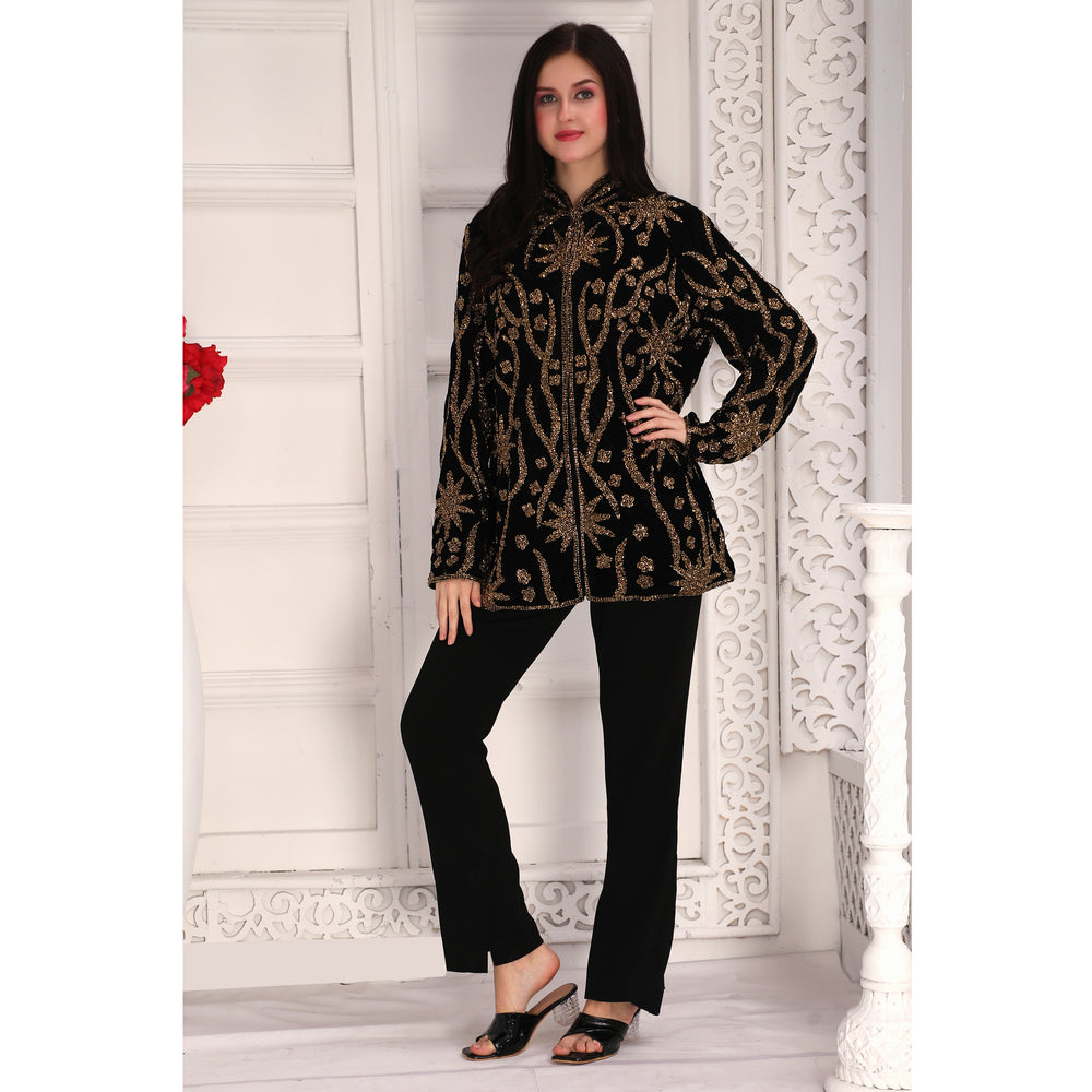 
                  
                    Designer Black Velvet Jacket with Golden Hand Embroidery (Top only)
                  
                