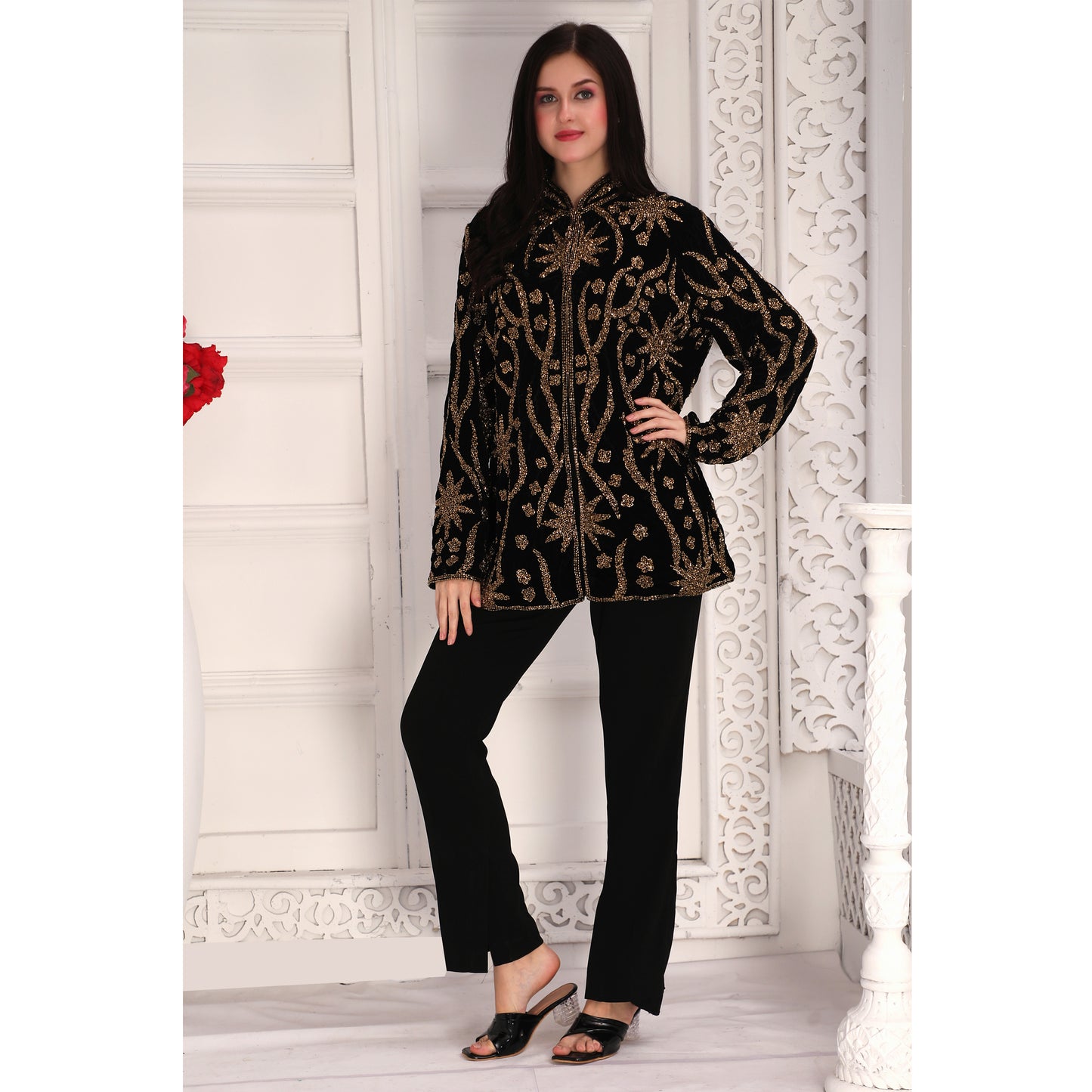 Designer Black Velvet Jacket with Golden Hand Embroidery (Top only)