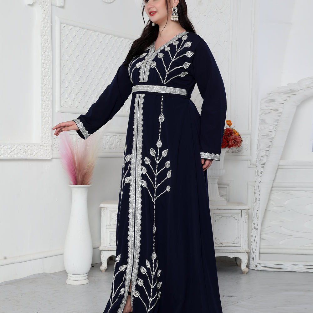 Navy Blue Kaftan With Hand Embroidery And Cut Dana