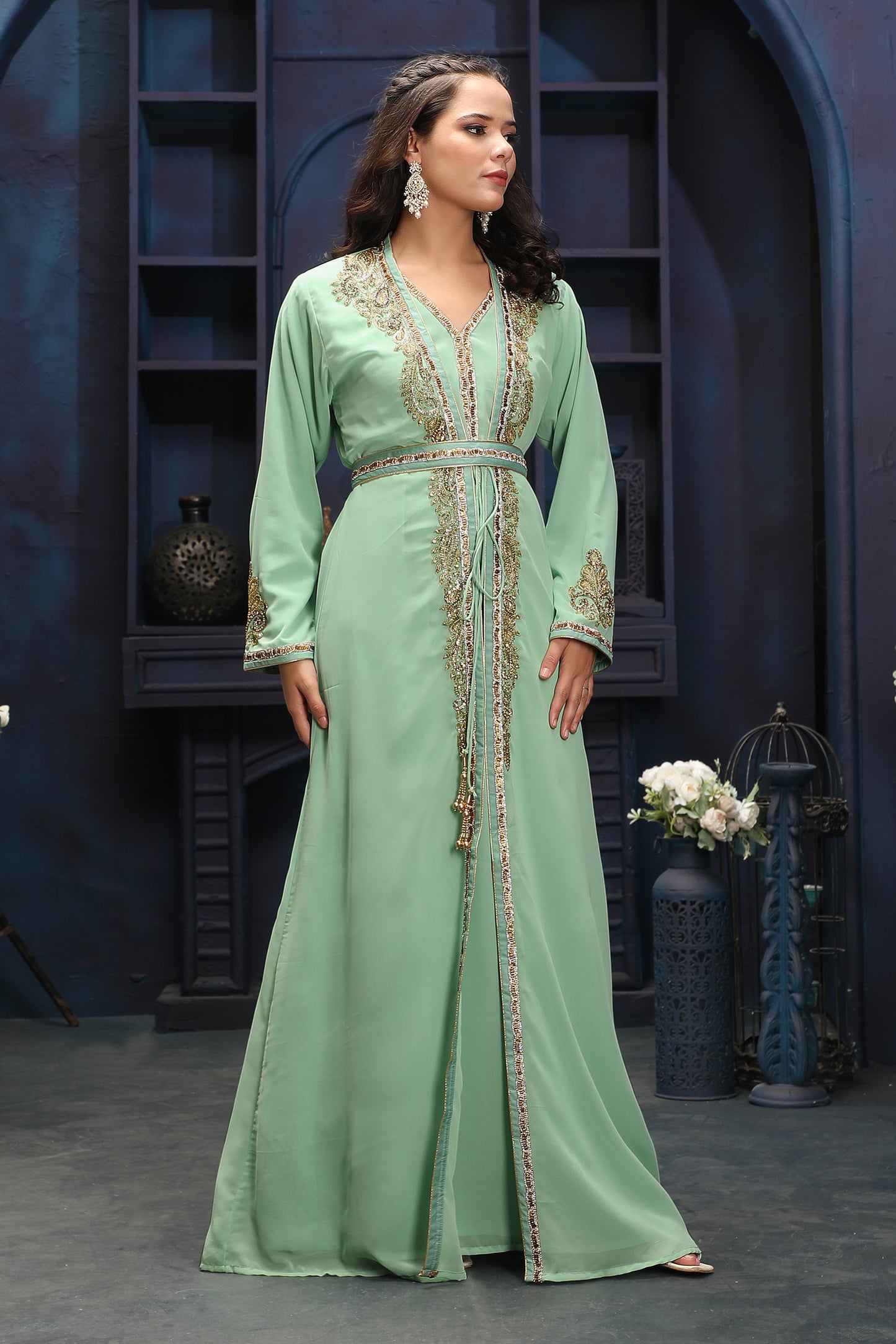 Mint Green Floor-Length Kaftan Gown with Elegant Handwork - Maxim Creation