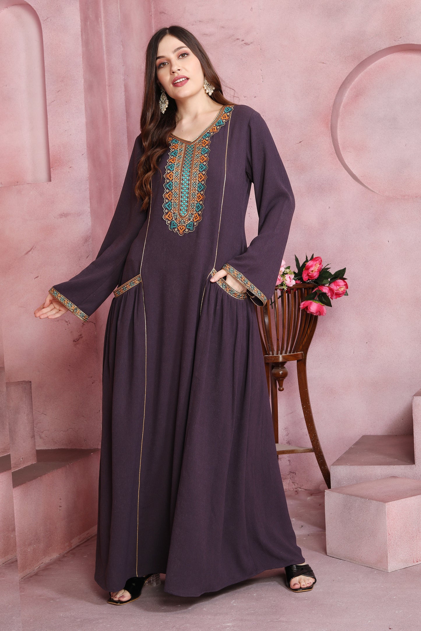 Plum Wine Embroidered Pocket Maxi Dress For Women - Maxim Creation