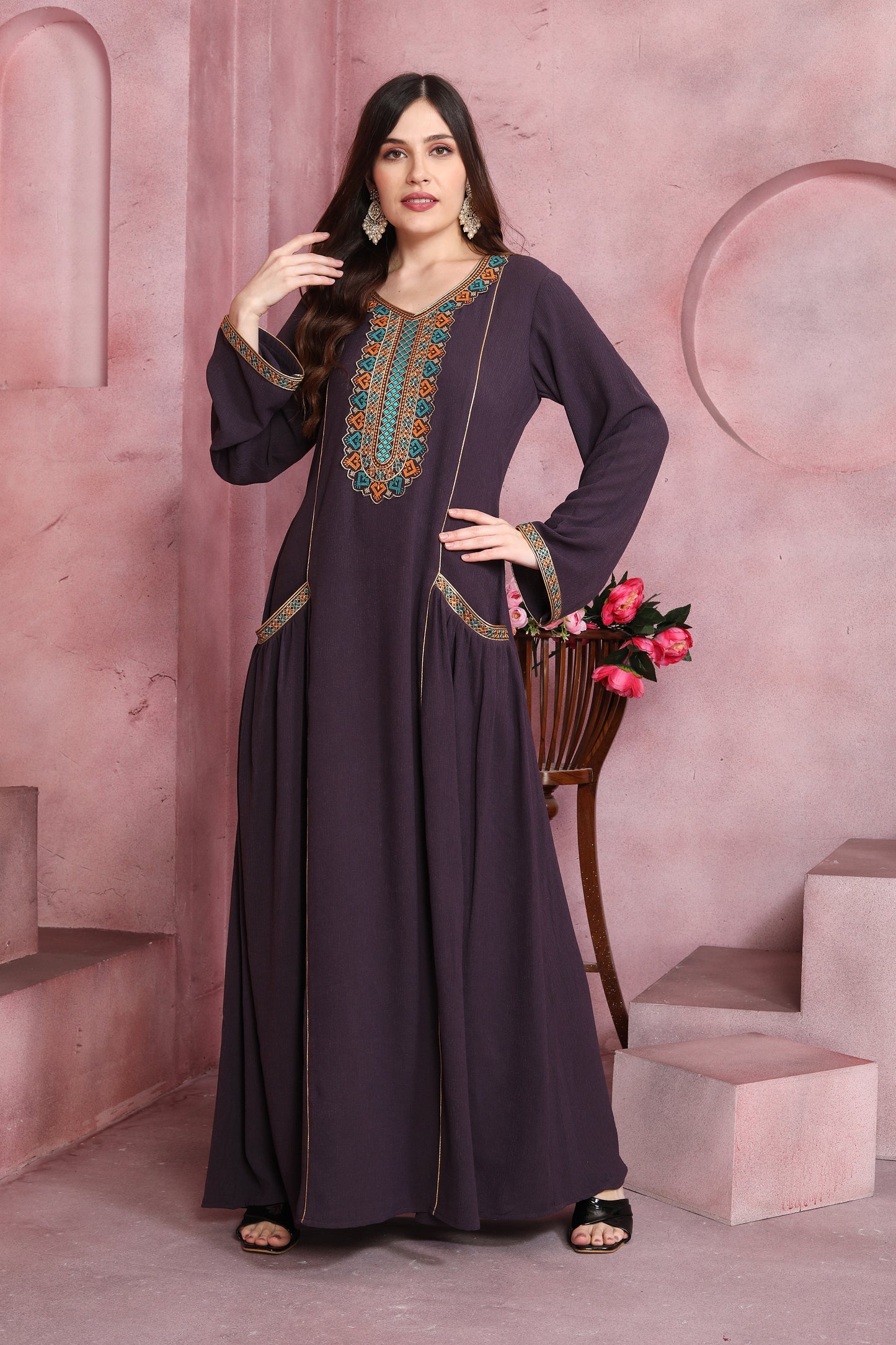 Plum Wine Embroidered Pocket Maxi Dress For Women - Maxim Creation