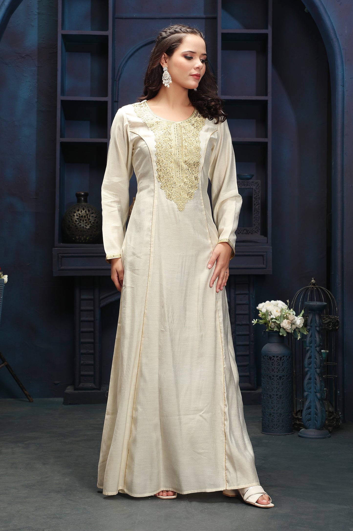 Designer Jalabiya in Ivory with Gold Embroidered Front Panel - Maxim Creation