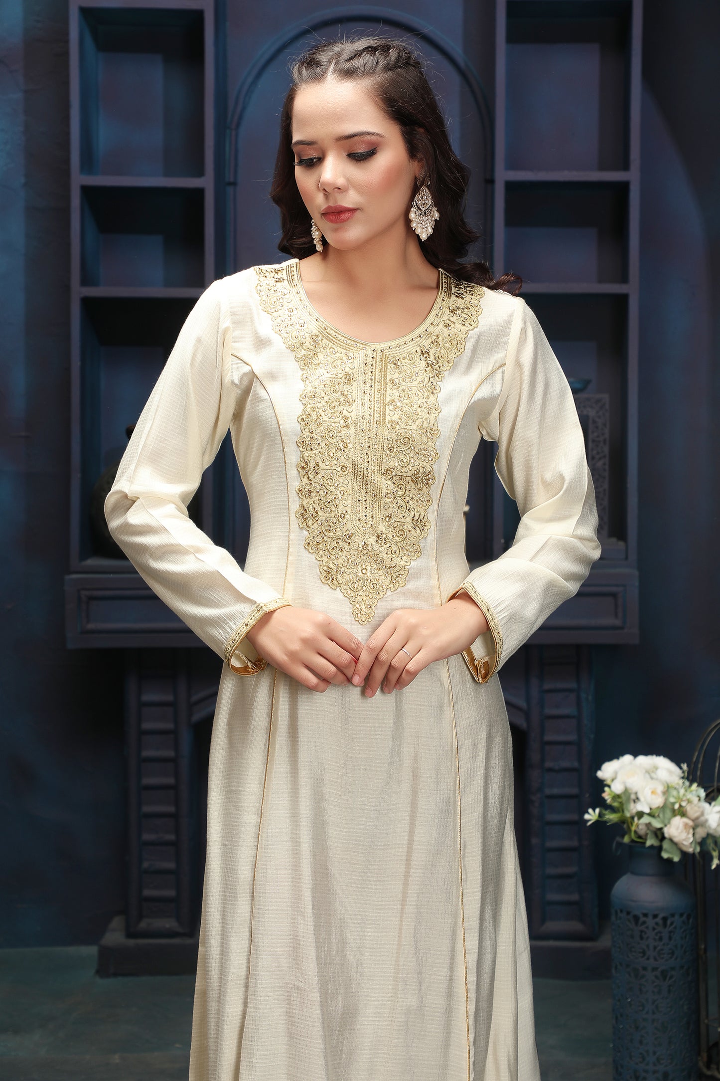 Designer Jalabiya in Ivory with Gold Embroidered Front Panel - Maxim Creation
