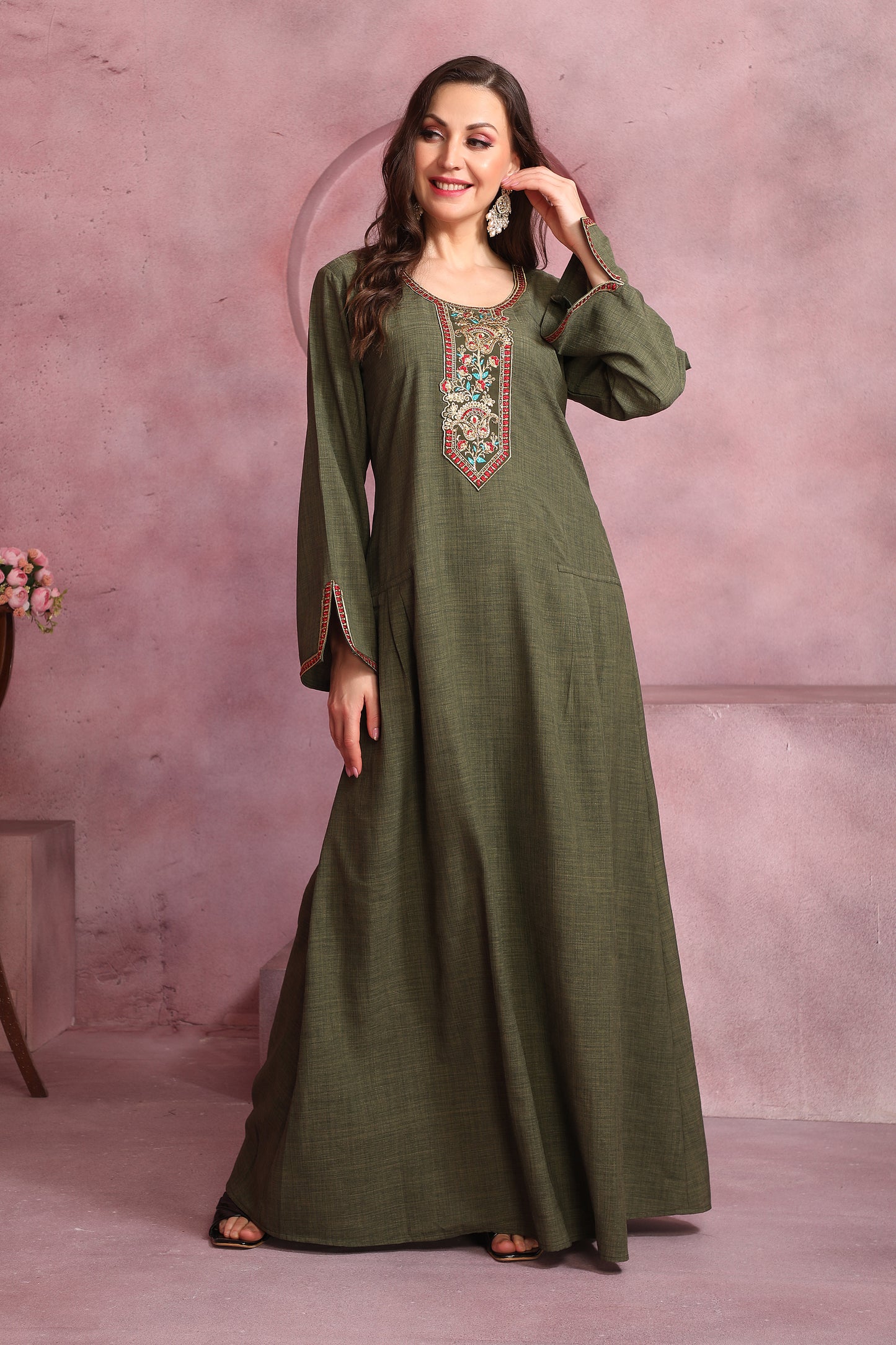 Embroidered Yoke Flared Maxi Dress For Women - Maxim Creation