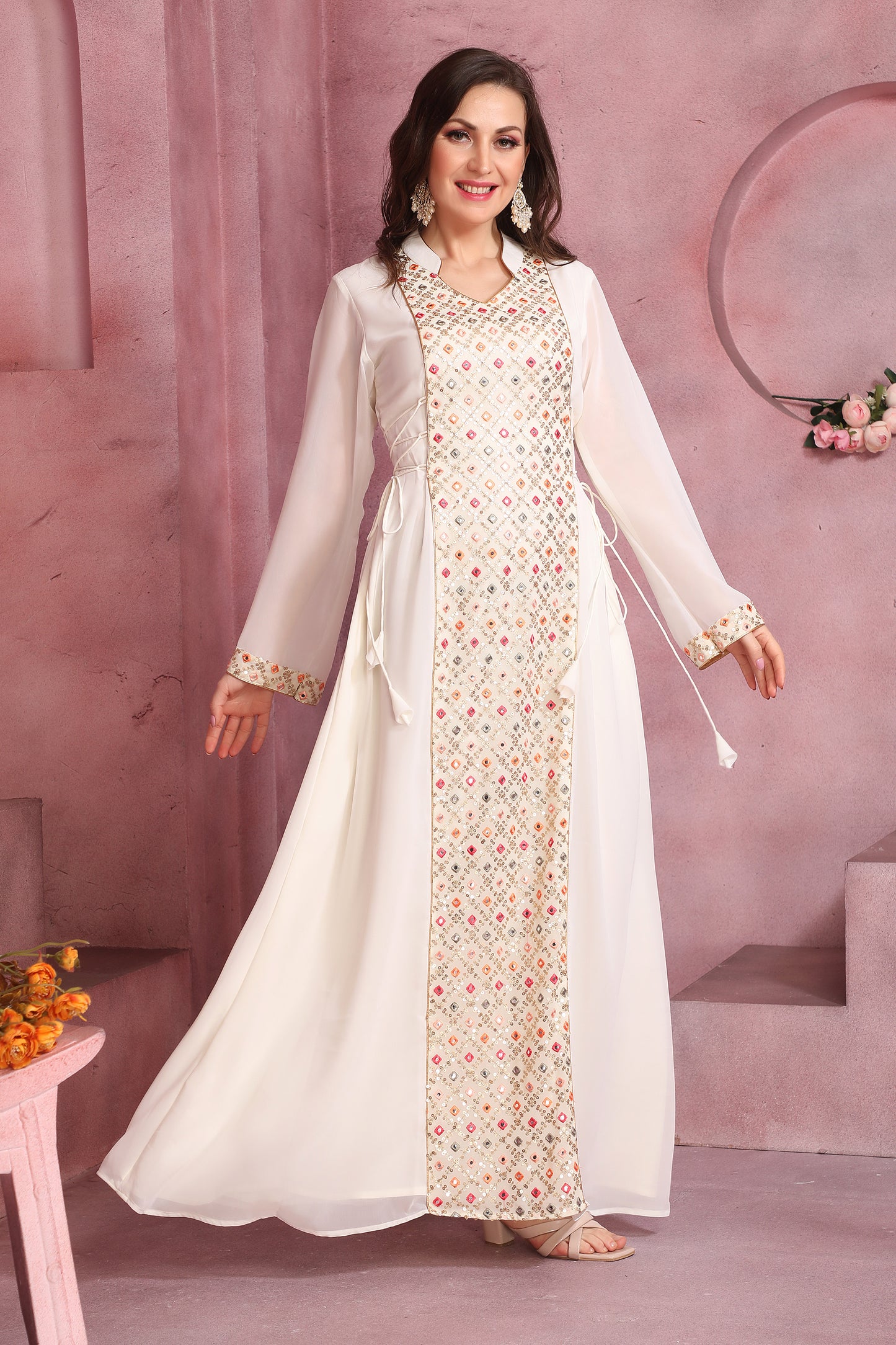 Designer Jalabiya with Embrodiered Embellished Front Panel - Maxim Creation