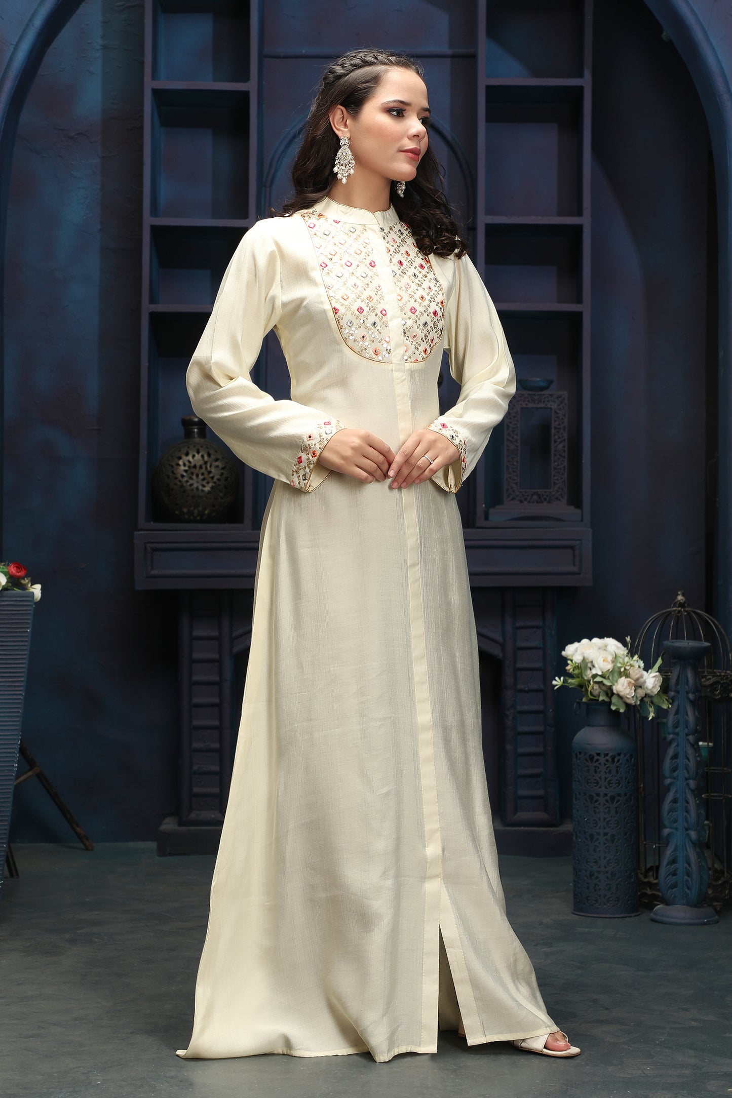Designer Jalabiya in Ivory with Mirror Finish Embroidery - Maxim Creation