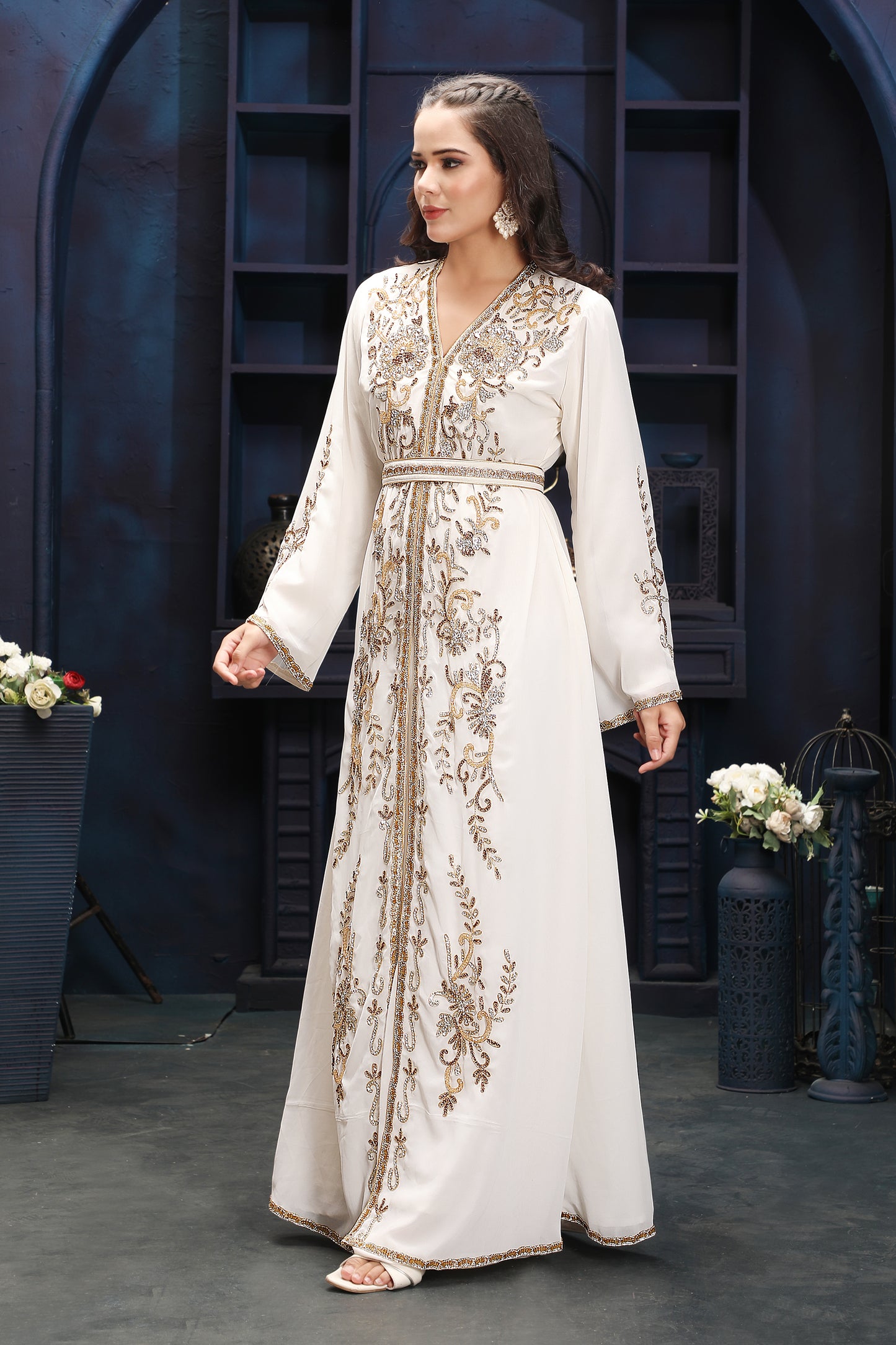 Modest Off-White Kaftan Dress with Premium Gold Embellishments - Maxim Creation