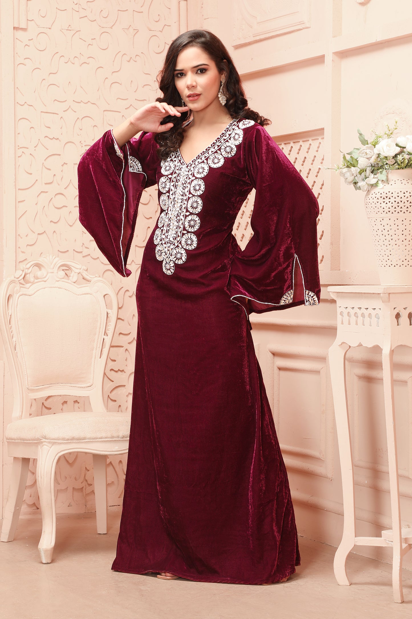 Royal Maroon Velvet Embroidered Gown with Statement Neck Design - Maxim Creation