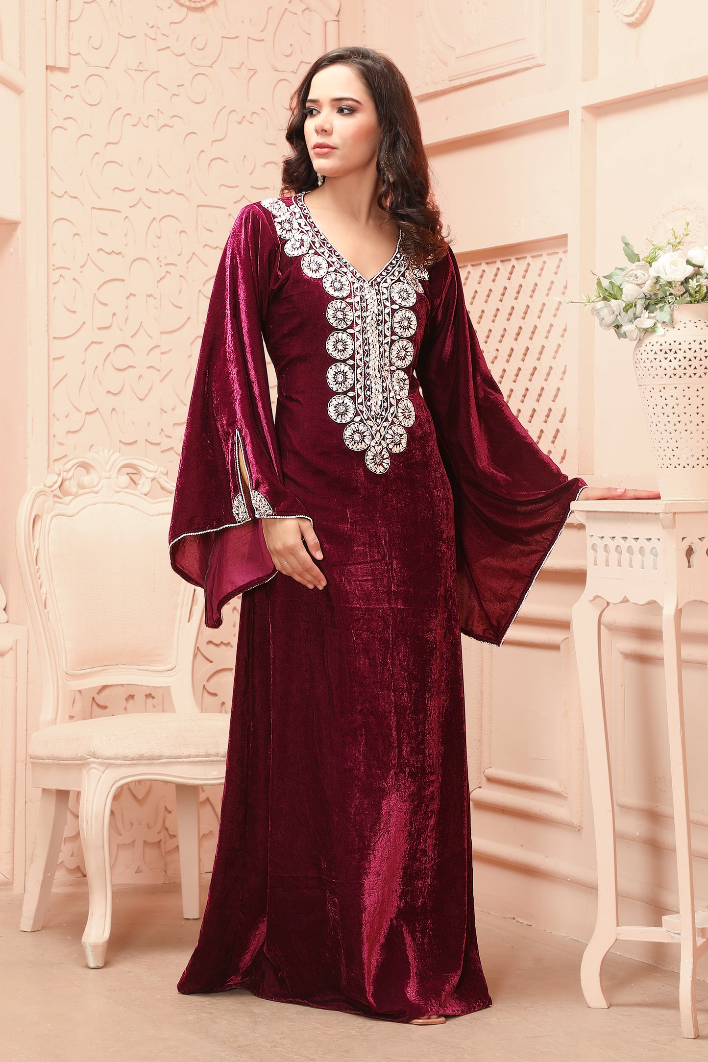 Royal Maroon Velvet Embroidered Gown with Statement Neck Design - Maxim Creation