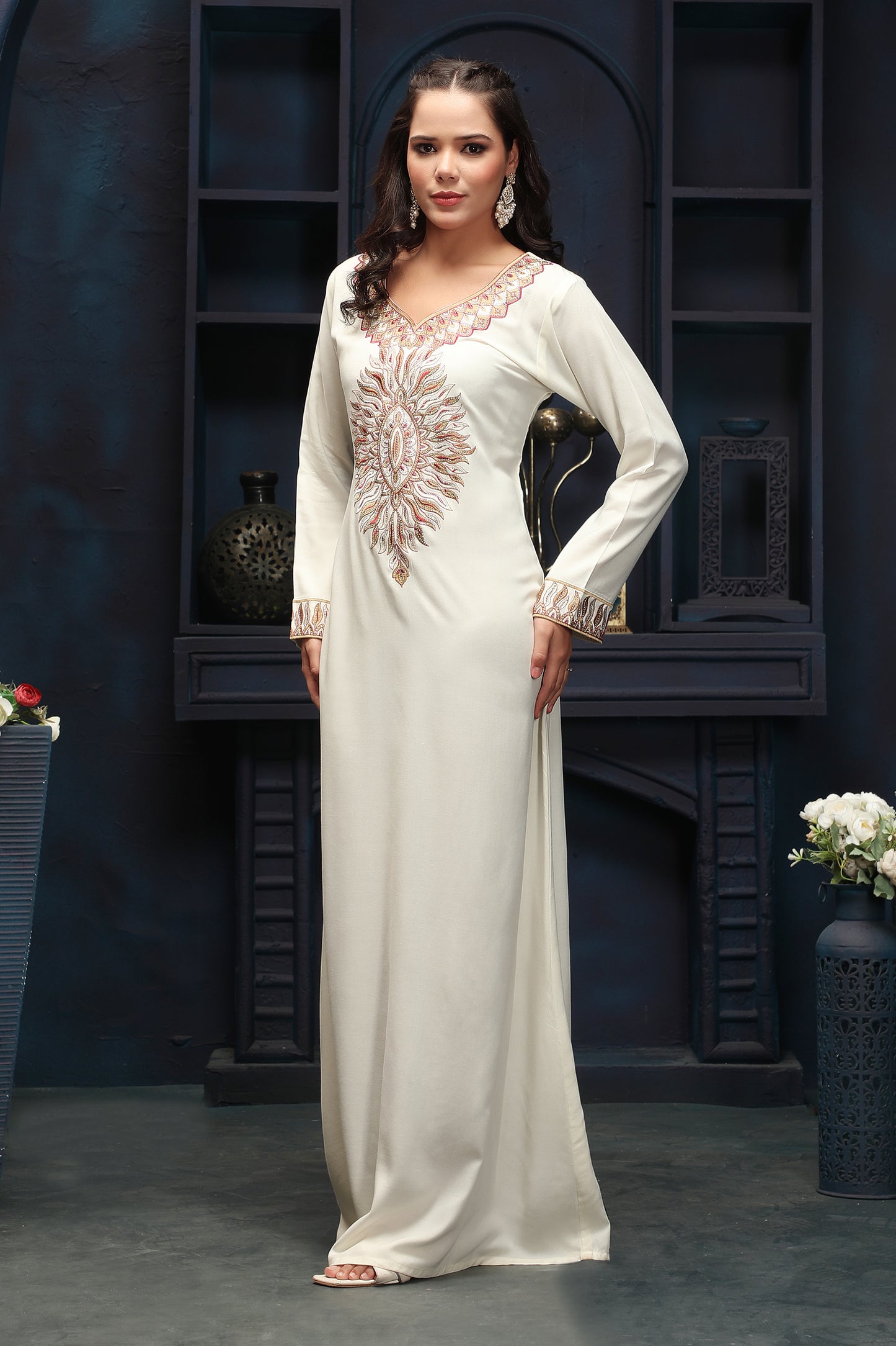 Designer Jalabiya in Ivory with Multicolor Embroidery - Maxim Creation