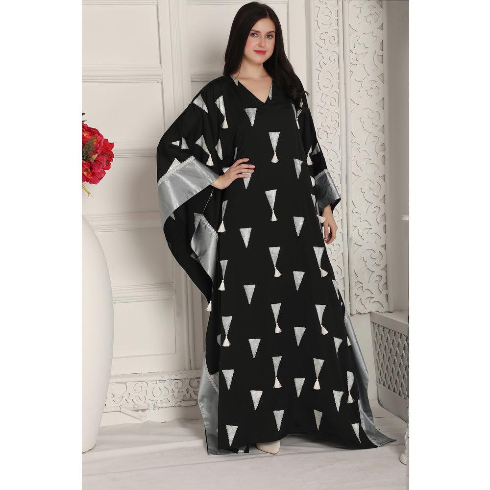 
                  
                    Flowy Kaftan Dress with Tassels & Silver print
                  
                