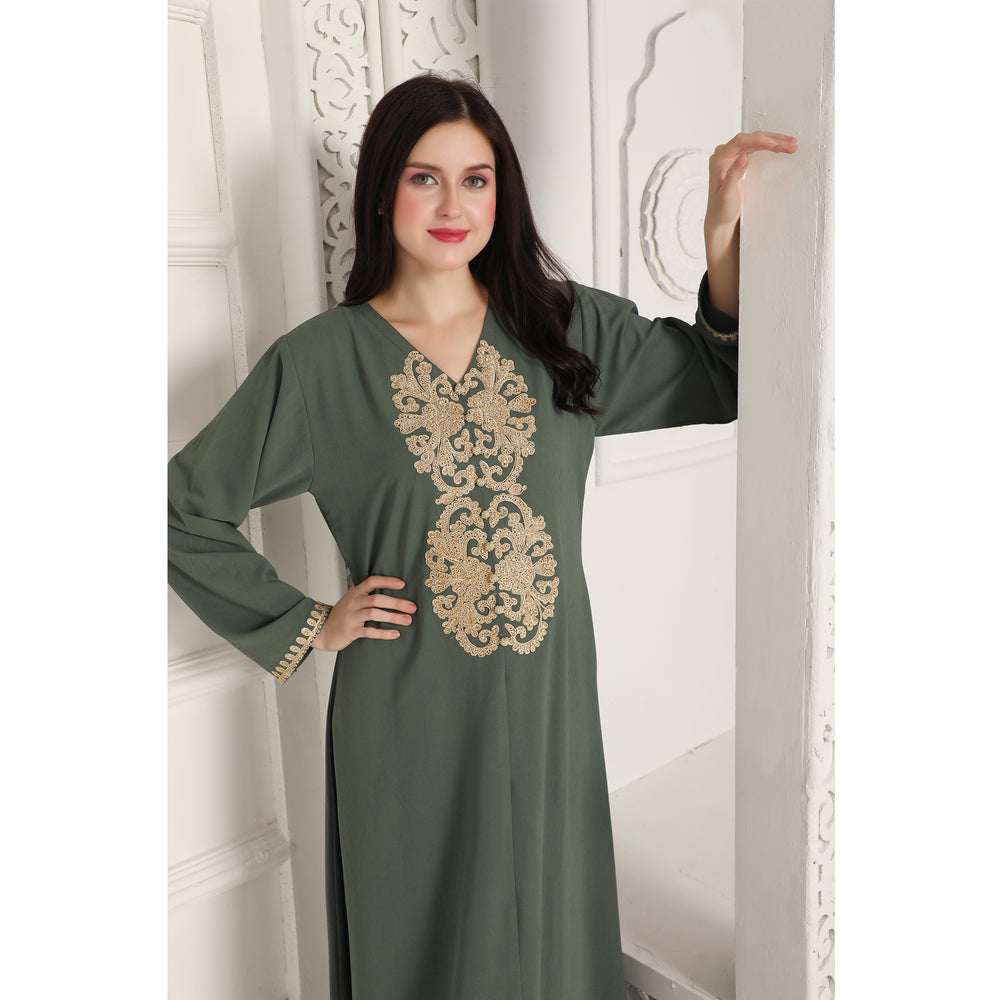 
                  
                    Gold Aari Embroidy Kaftan Jalabiya in Textured Green fabric
                  
                