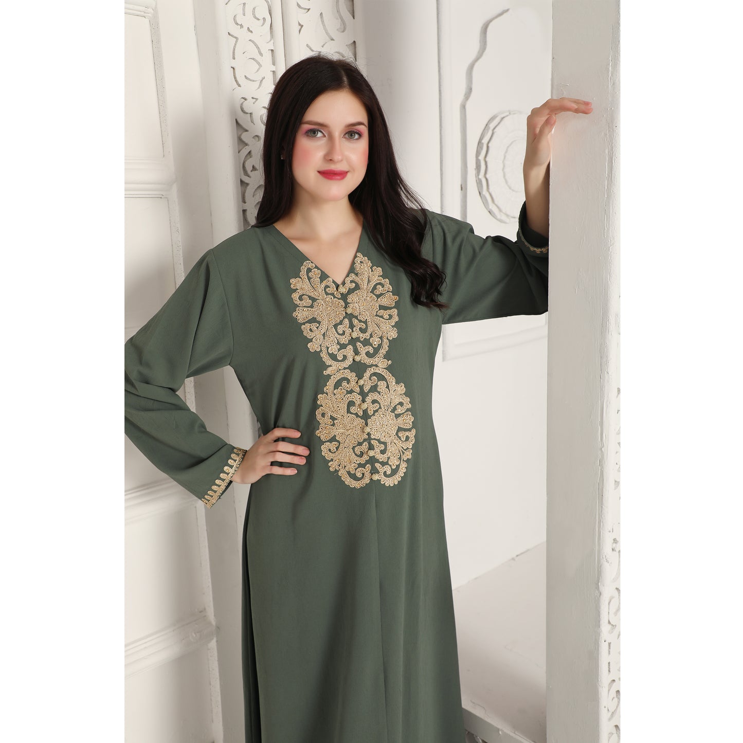 Gold Aari Embroidy Kaftan Jalabiya in Textured Green fabric