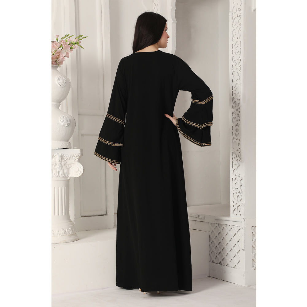 
                  
                    Black Jalabiya Kaftan with Gold Embroidery Double Flaired Sleeve
                  
                