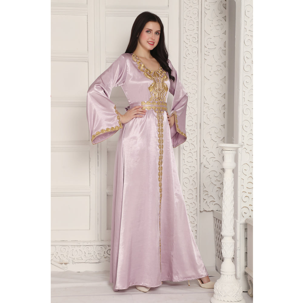 Gold Threadwork Embroidery Arabic Kaftan Farasha in Lilac Pink