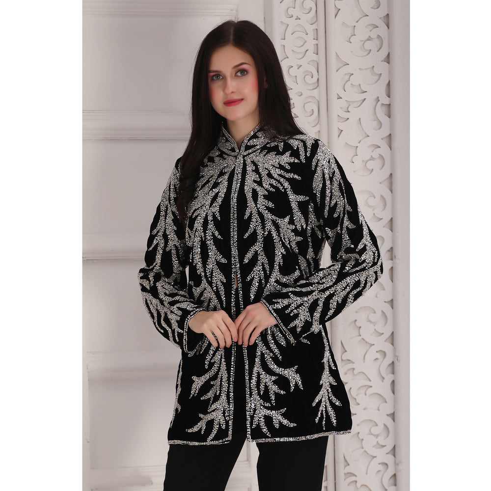 Designer Black Velvet Jacket with Silver Crystal Hand Embroidery & Cut Dana (Jacket only)