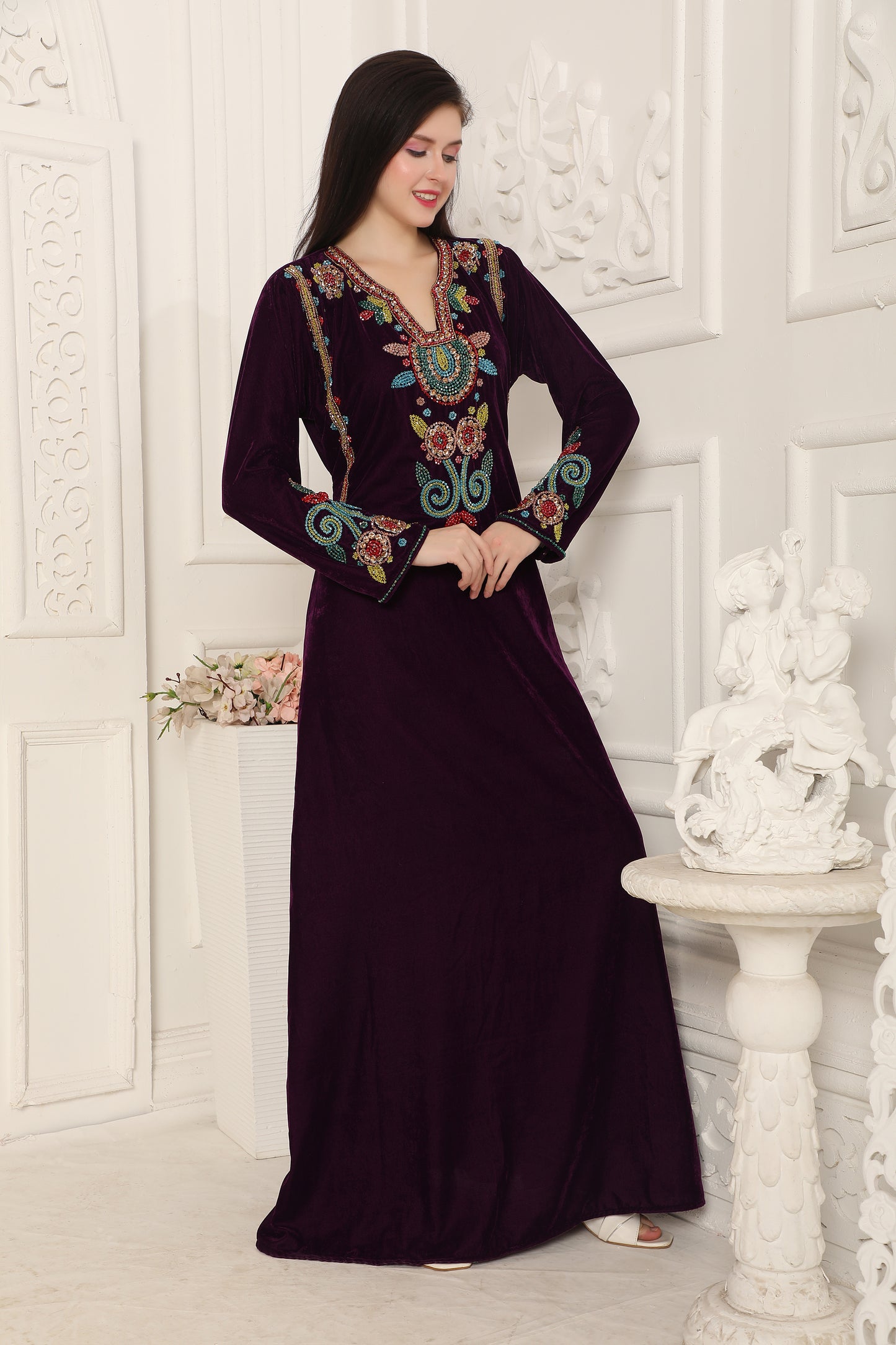 Designer Kaftan with Crystal & Beads Multicolor Embroidery