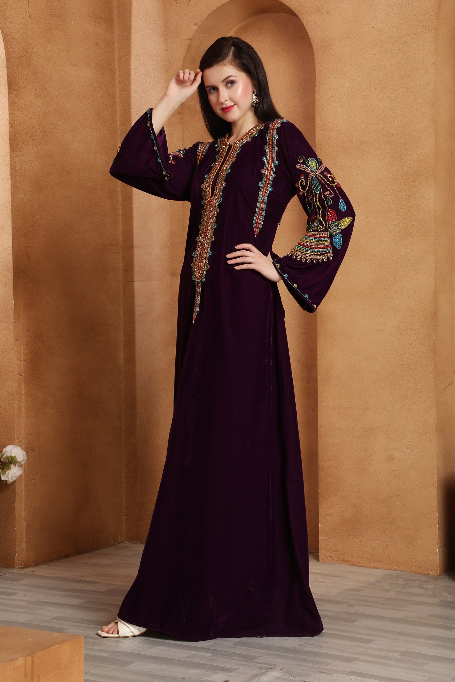 Designer Velvet Kaftan with Multicolor Embroidered Sleeves by Maxim Creation