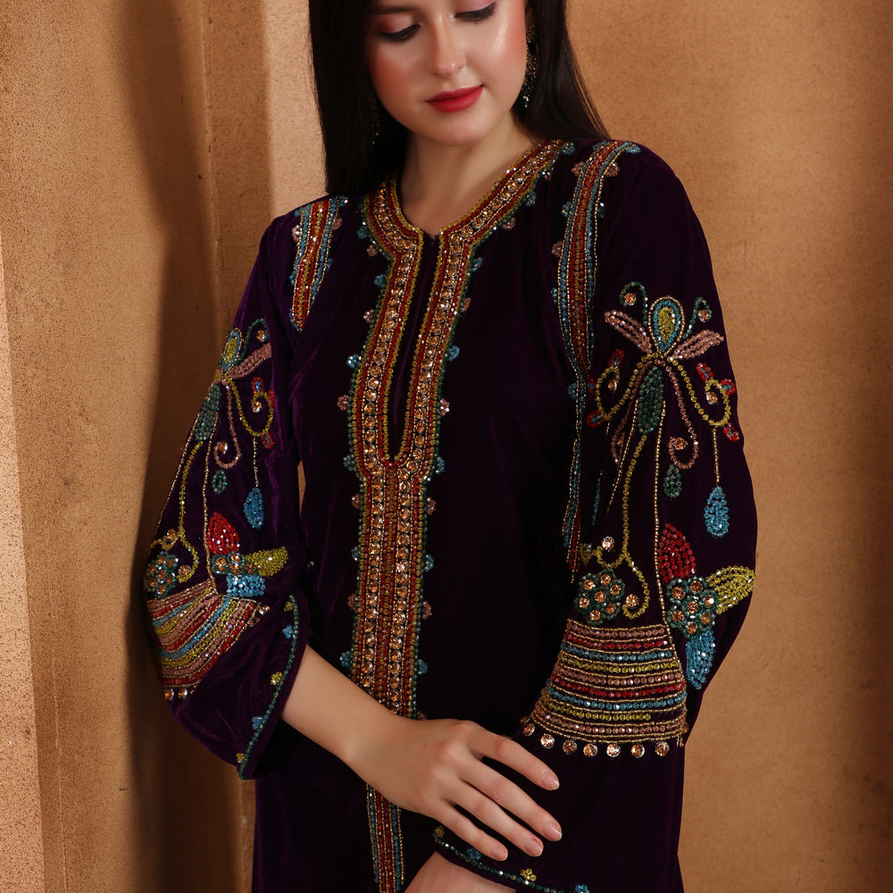 
                  
                    Designer Velvet Kaftan with Multicolor Embroidered Sleeves by Maxim Creation
                  
                