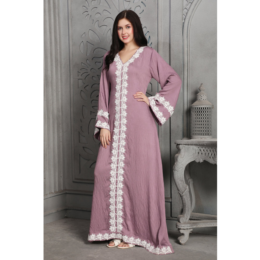 
                  
                    White Lacework Jalabiya Lilac Pink Arabic Style Kaftan
                  
                