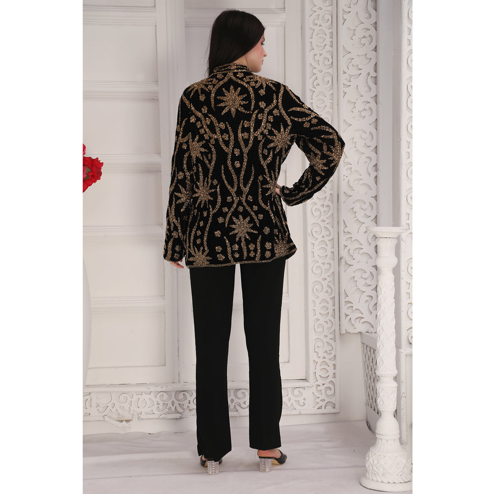 
                  
                    Designer Black Velvet Jacket with Golden Hand Embroidery (Top only)
                  
                