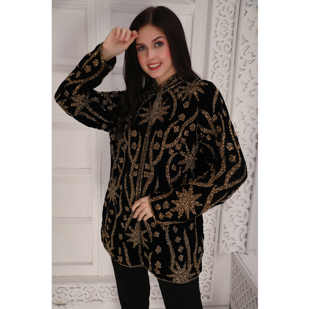 
                  
                    Designer Black Velvet Jacket with Golden Hand Embroidery (Top only)
                  
                