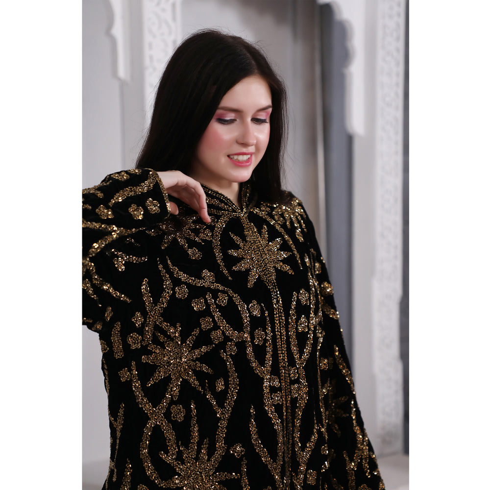 
                  
                    Designer Black Velvet Jacket with Golden Hand Embroidery (Top only)
                  
                