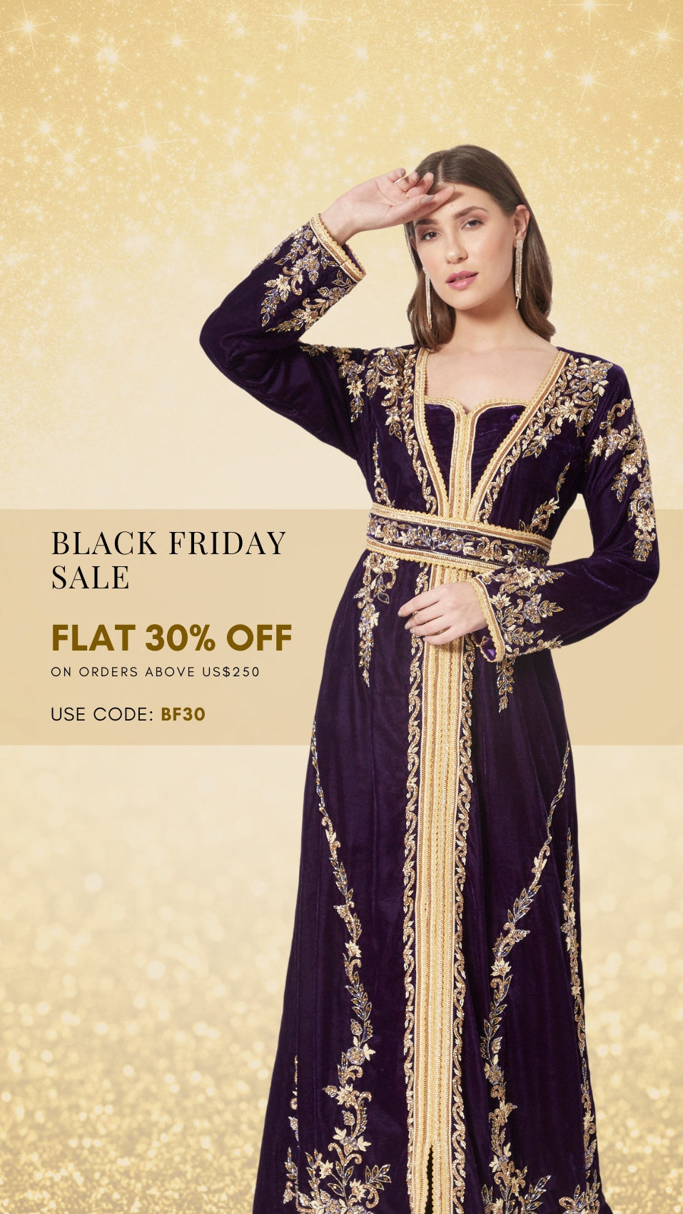 Woman in an elegant dark purple dress with gold embroidery on a gold background with Black Friday sale text.