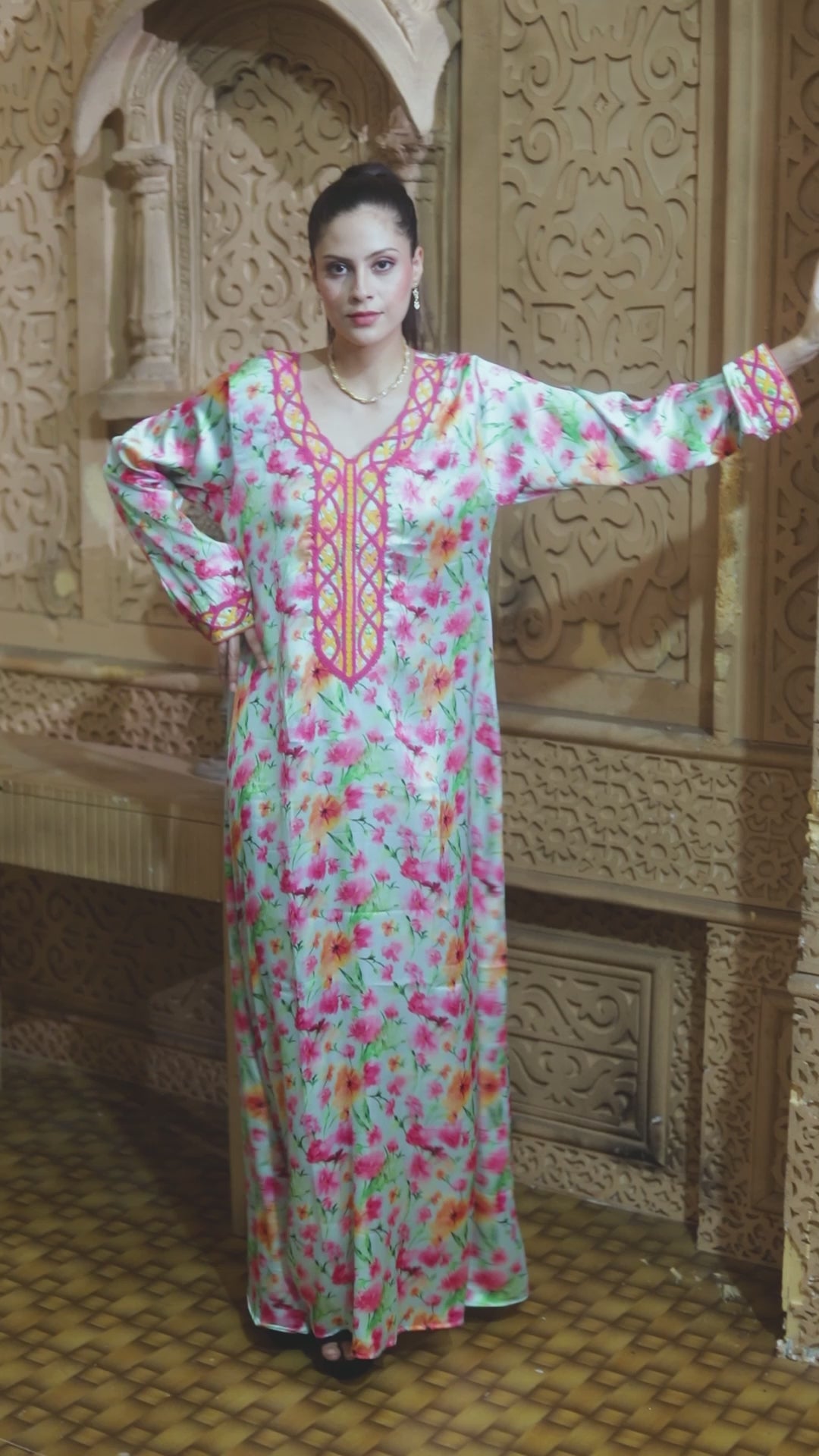 Floral Printed Jalabiya with Dori Threadwork Embroidery