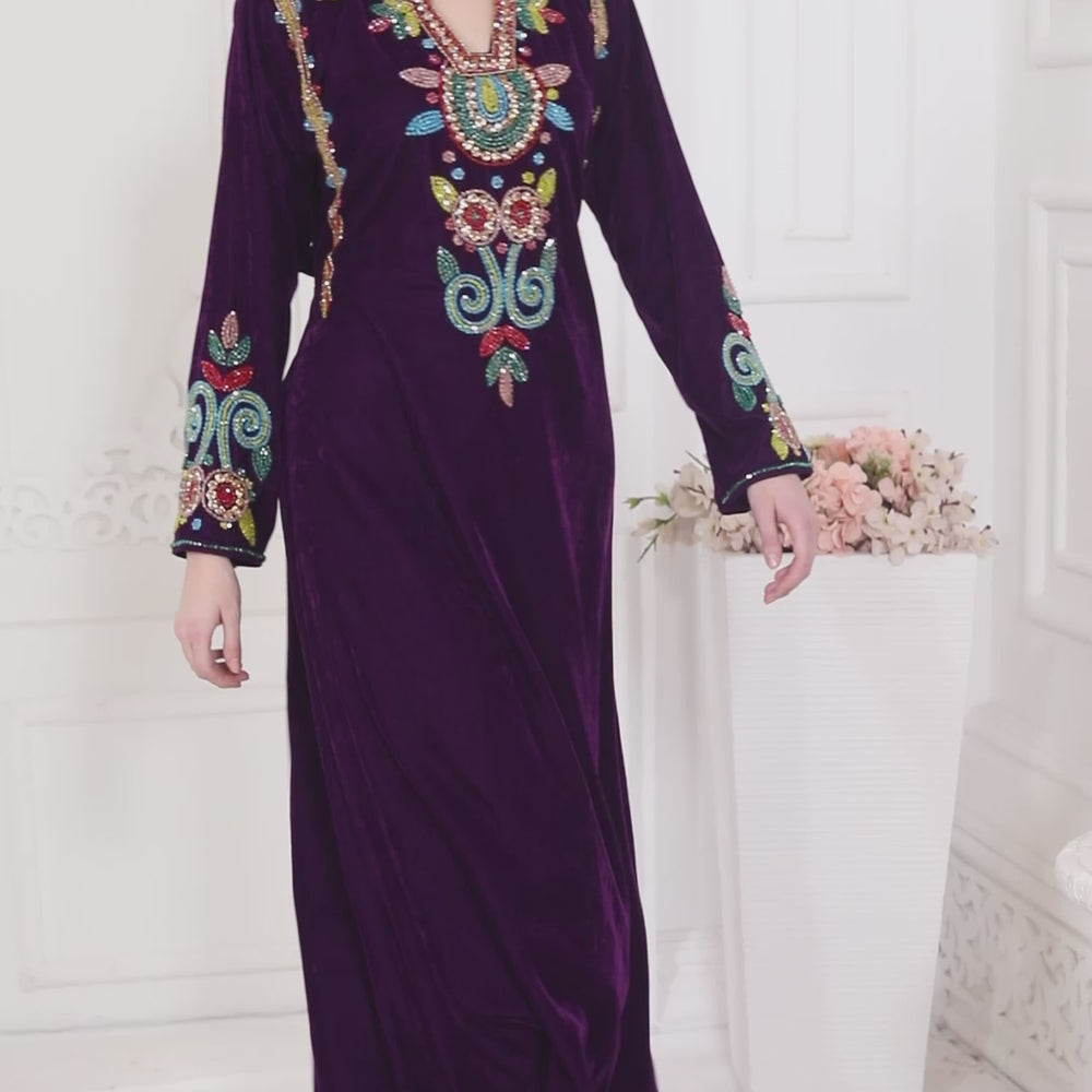 
                  
                    Load and play video in Gallery viewer, Designer Kaftan with Crystal &amp;amp; Beads Multicolor Embroidery
                  
                