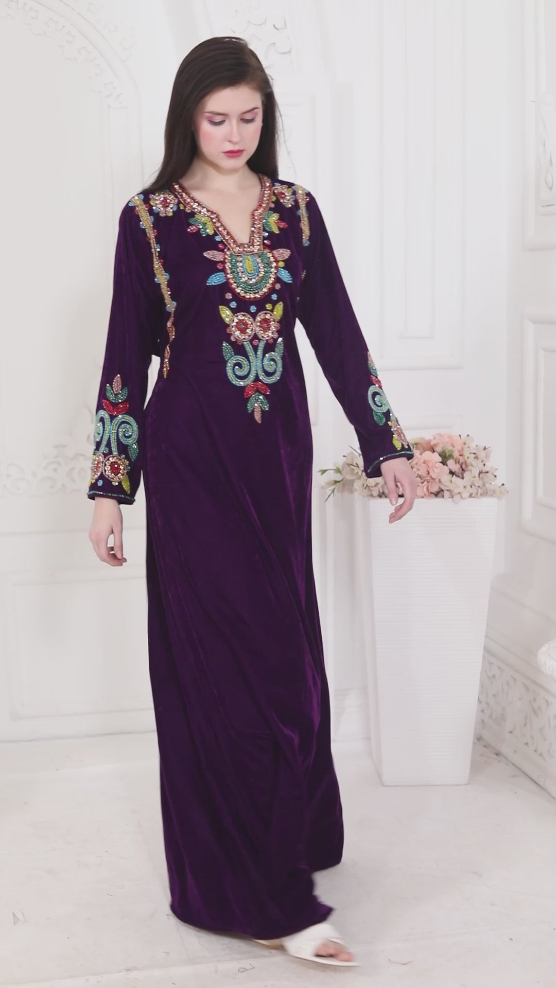 Designer Kaftan with Crystal & Beads Multicolor Embroidery