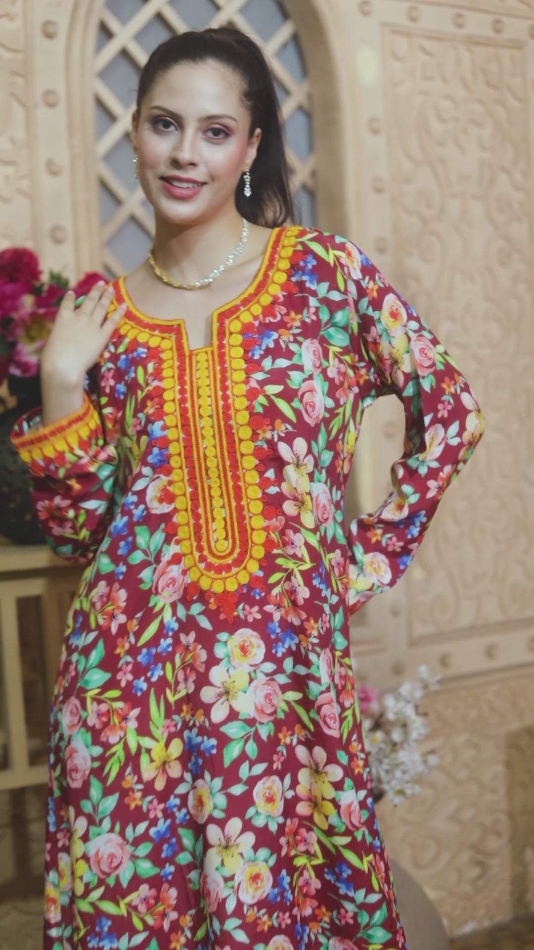 Occasional Vestidos Ethnic Mukhawar Red Floral Print Kaftan