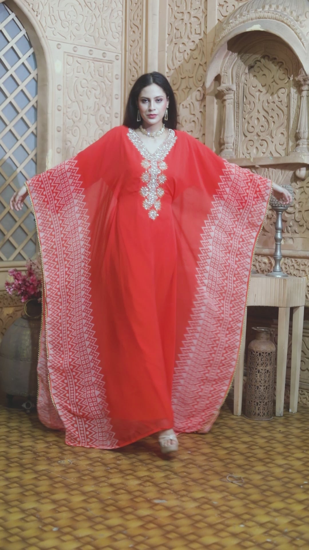 Hand Embroidered Georgette Printed Farasha Kaftan in Orange