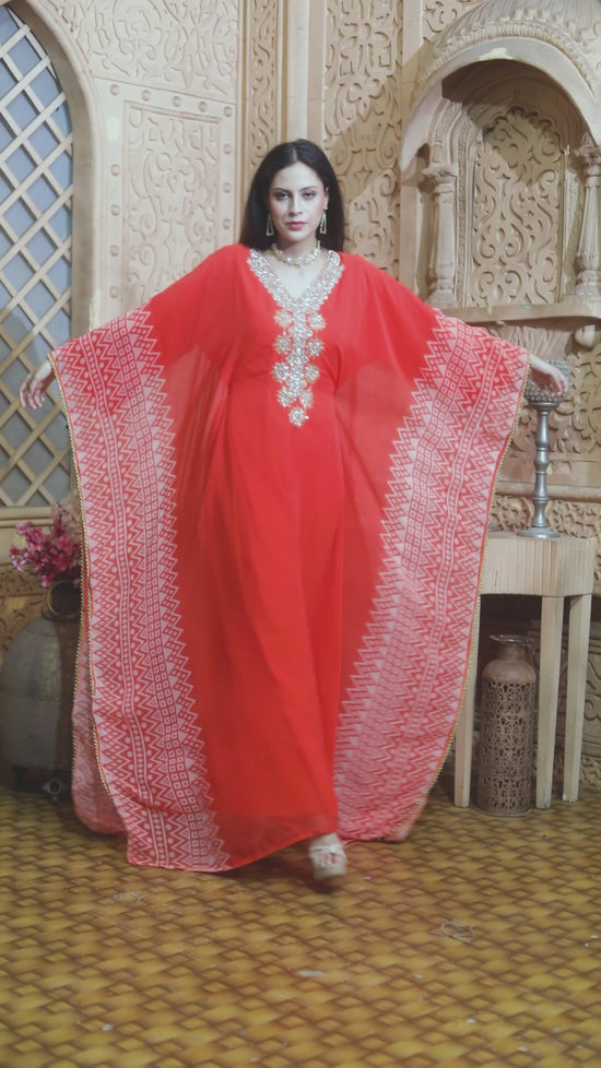 Load and play video in Gallery viewer, Hand Embroidered Georgette Printed Farasha Kaftan in Orange
