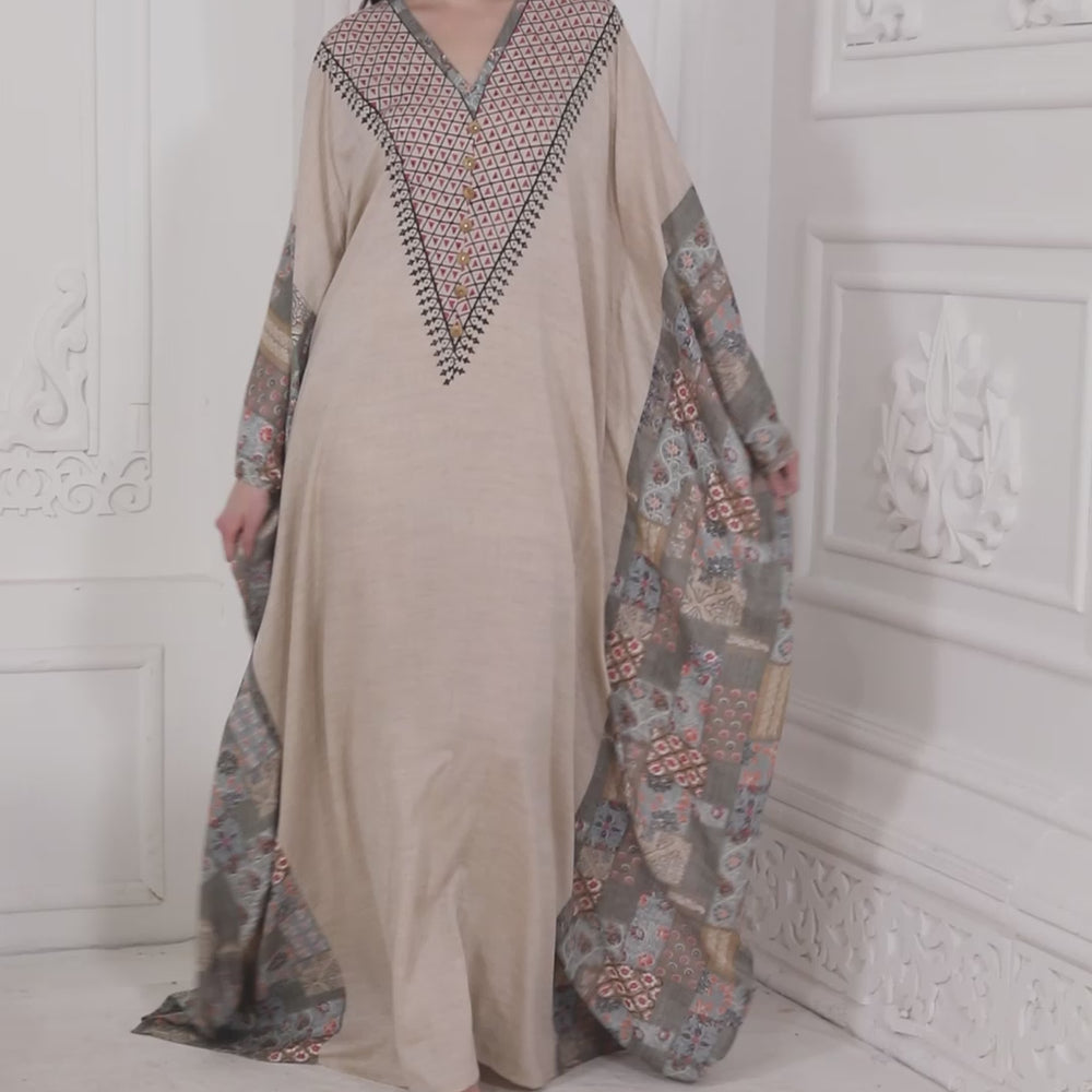 
                  
                    Load and play video in Gallery viewer, Embroidered neckline Dubai Kaftan Farasha Long Maxi with Digital Print
                  
                