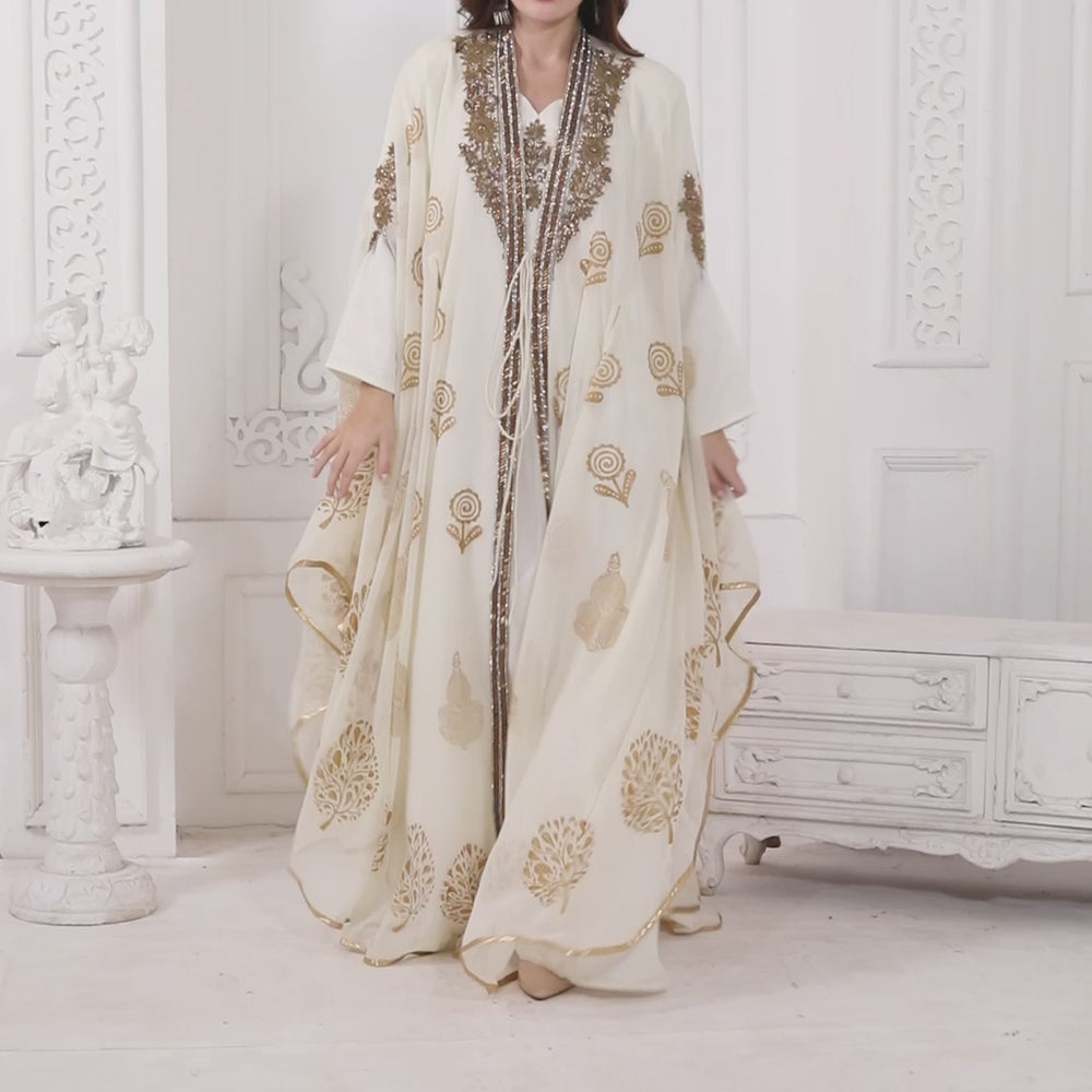 
                  
                    Load and play video in Gallery viewer, Designer Kaftan Flowy Arabic Dress with Hand Embroidery and Block print
                  
                