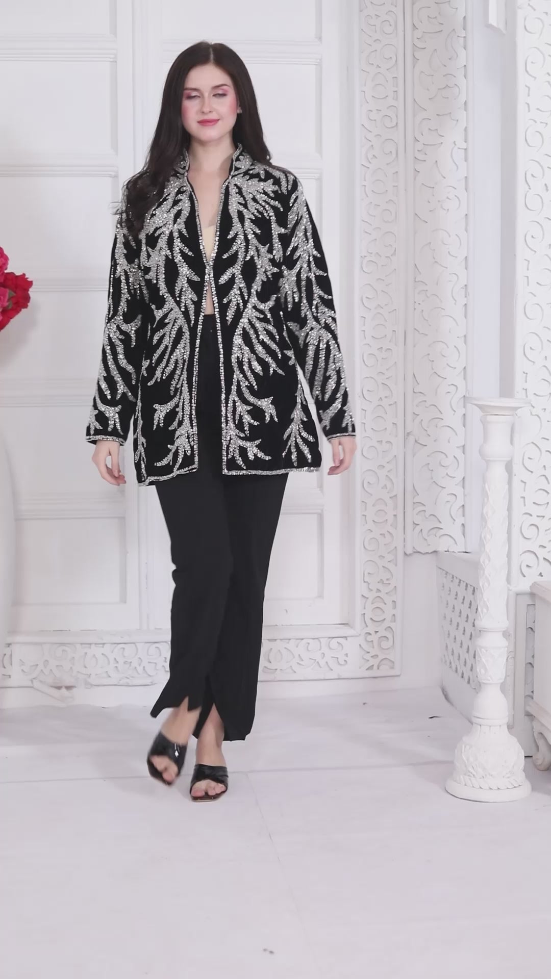 Designer Black Velvet Jacket with Silver Crystal Hand Embroidery & Cut Dana (Jacket only)